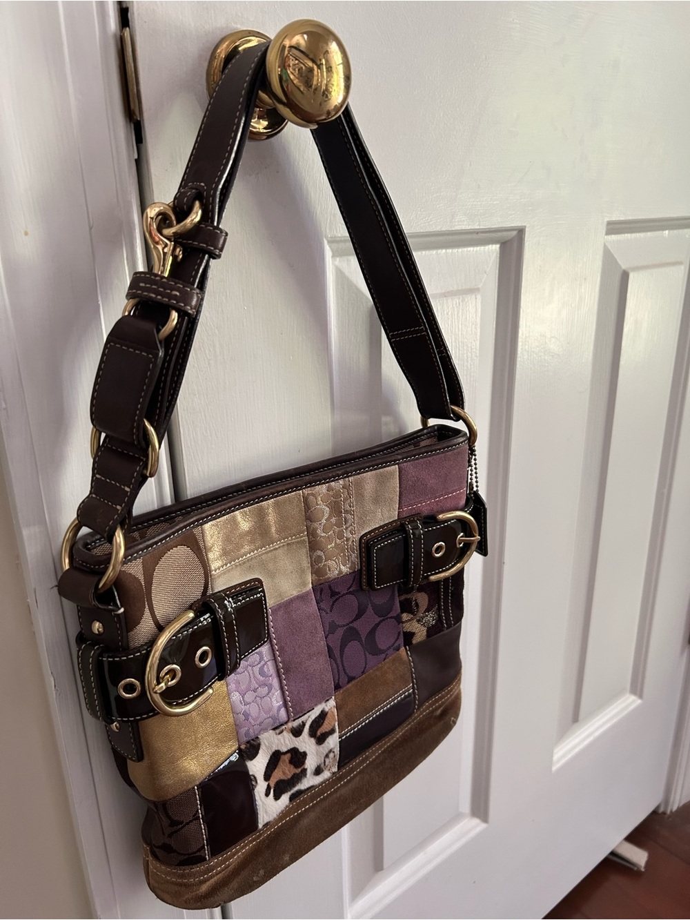 Coach Patchwork Shoulder Bag in Brown, Purple & Gold